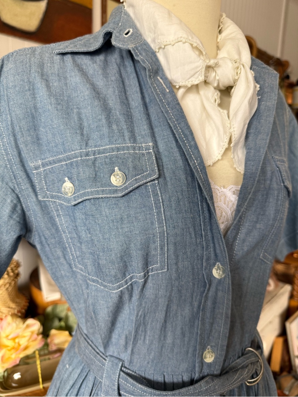 Casual Button-Front Chambray Shirt Dress in Light Blue - Picture 5 of 7